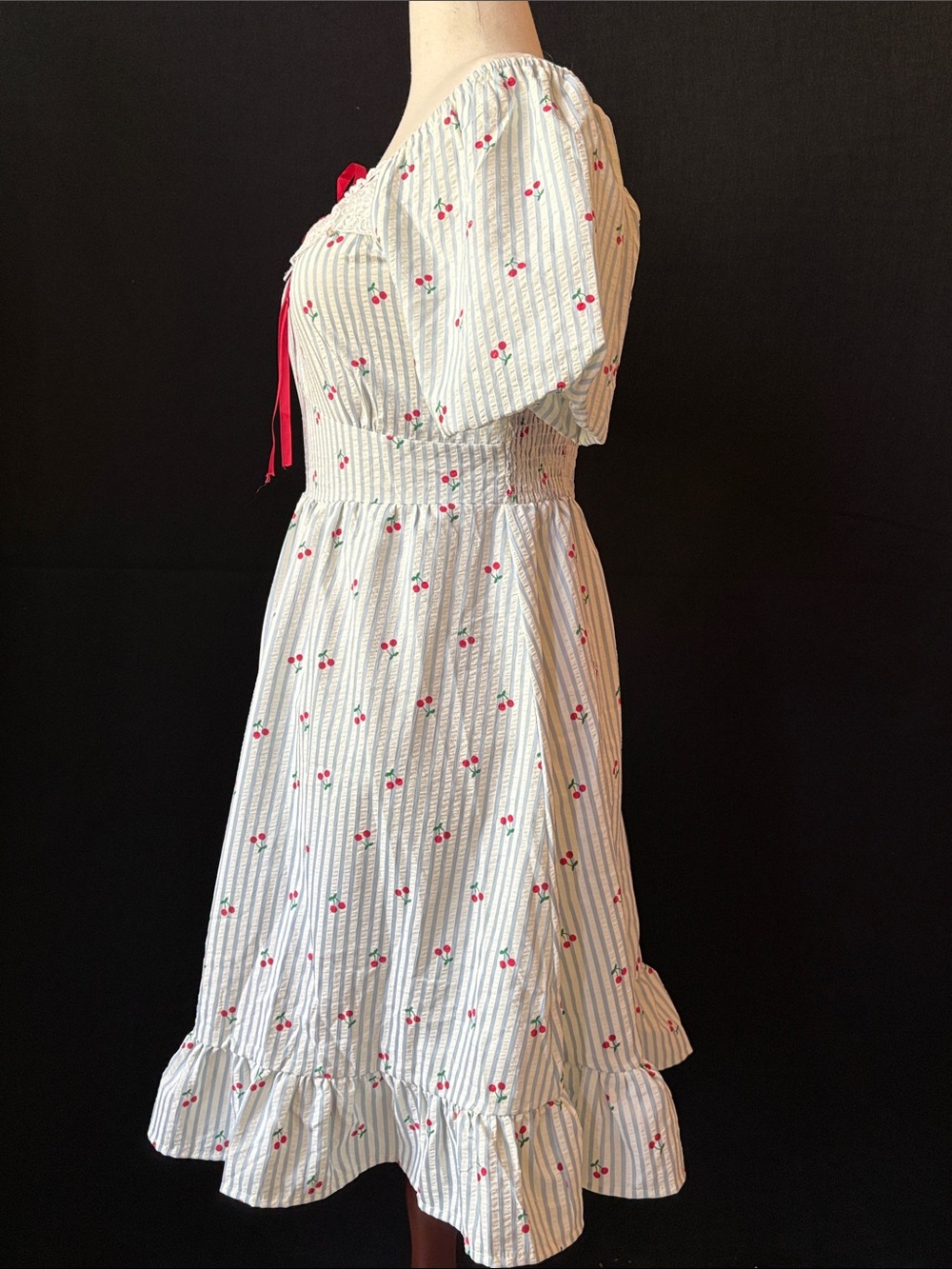 Vintage-Inspired White & Light Blue Striped with Cherries and Ribbon Tie - Picture 5 of 11